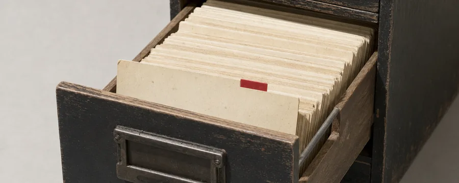 Geöffnete Karteikasten-Schublade mit Registerkarten, eine mit rotem Reiter